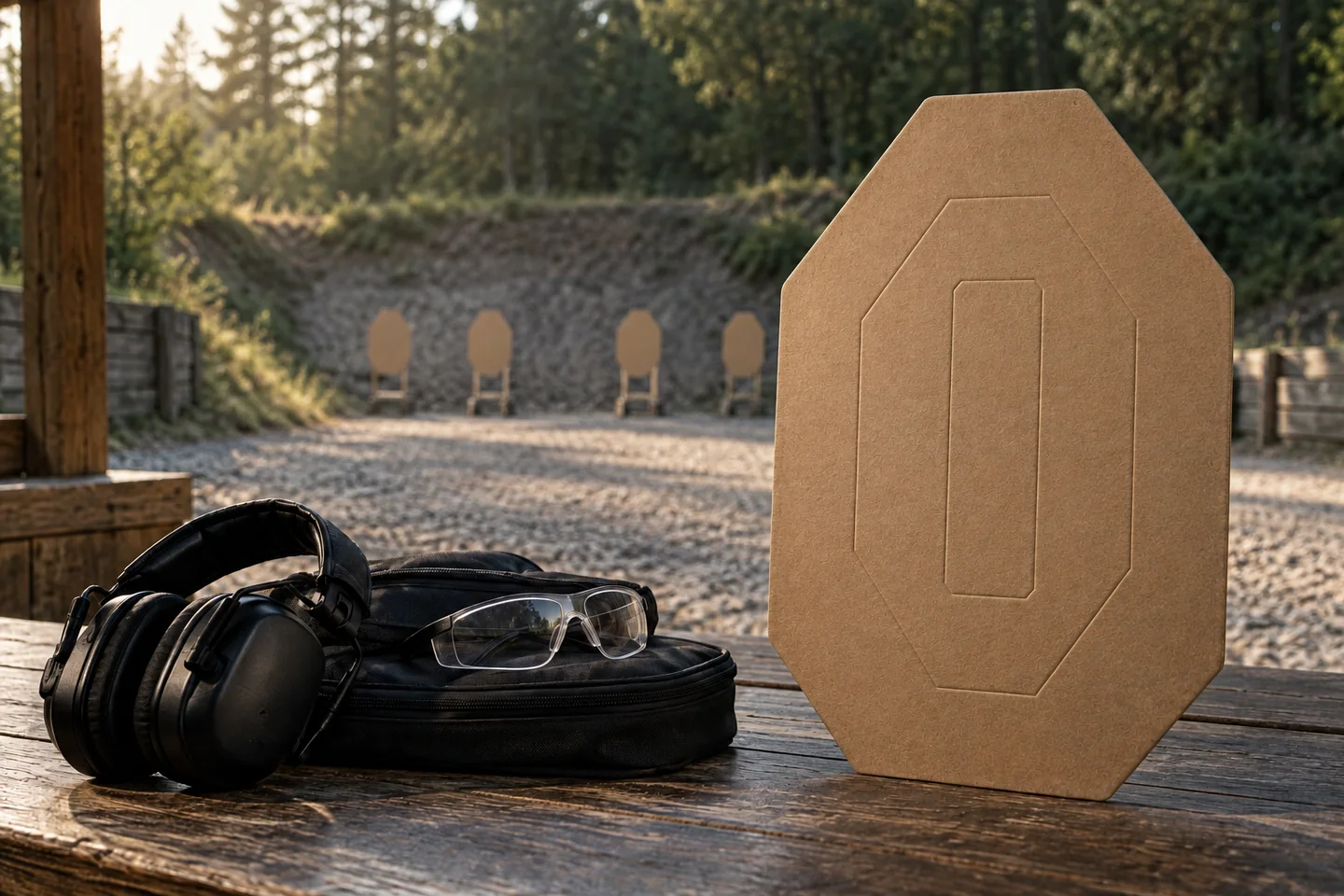 Kompozycja sportowa IPSC: kartonowa tarcza, ochronniki słuchu i okulary ochronne.