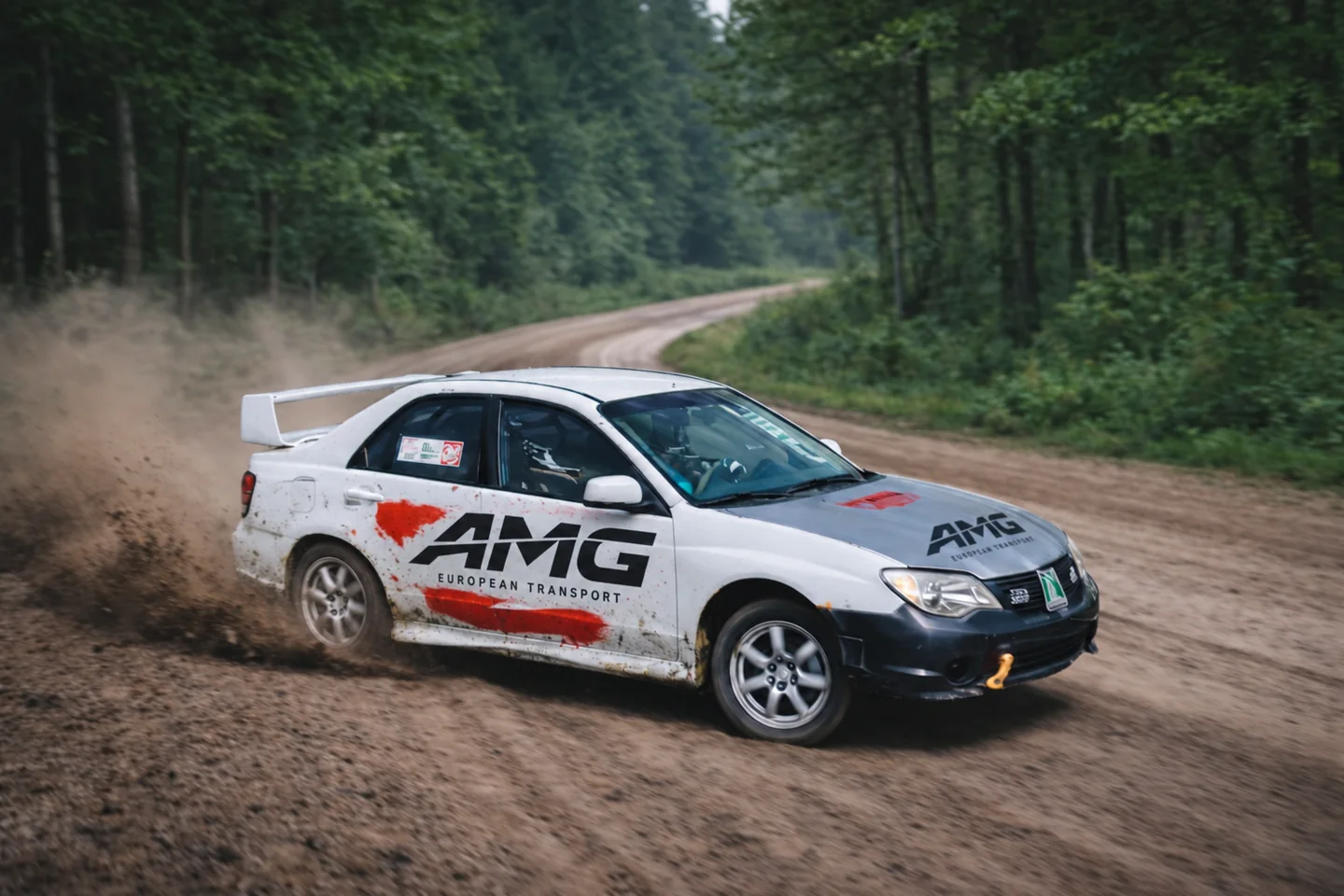 Samochód AMG Rally Team na szutrowej drodze — opracowanie z aktualnym logo AMG.